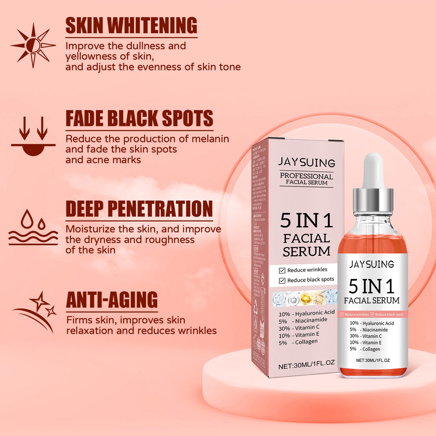 5-in-1 Vitamin C Facial Serum – Anti-Aging, Wrinkle Reduction with Hyaluronic Acid, Niacinamide & Vitamin E