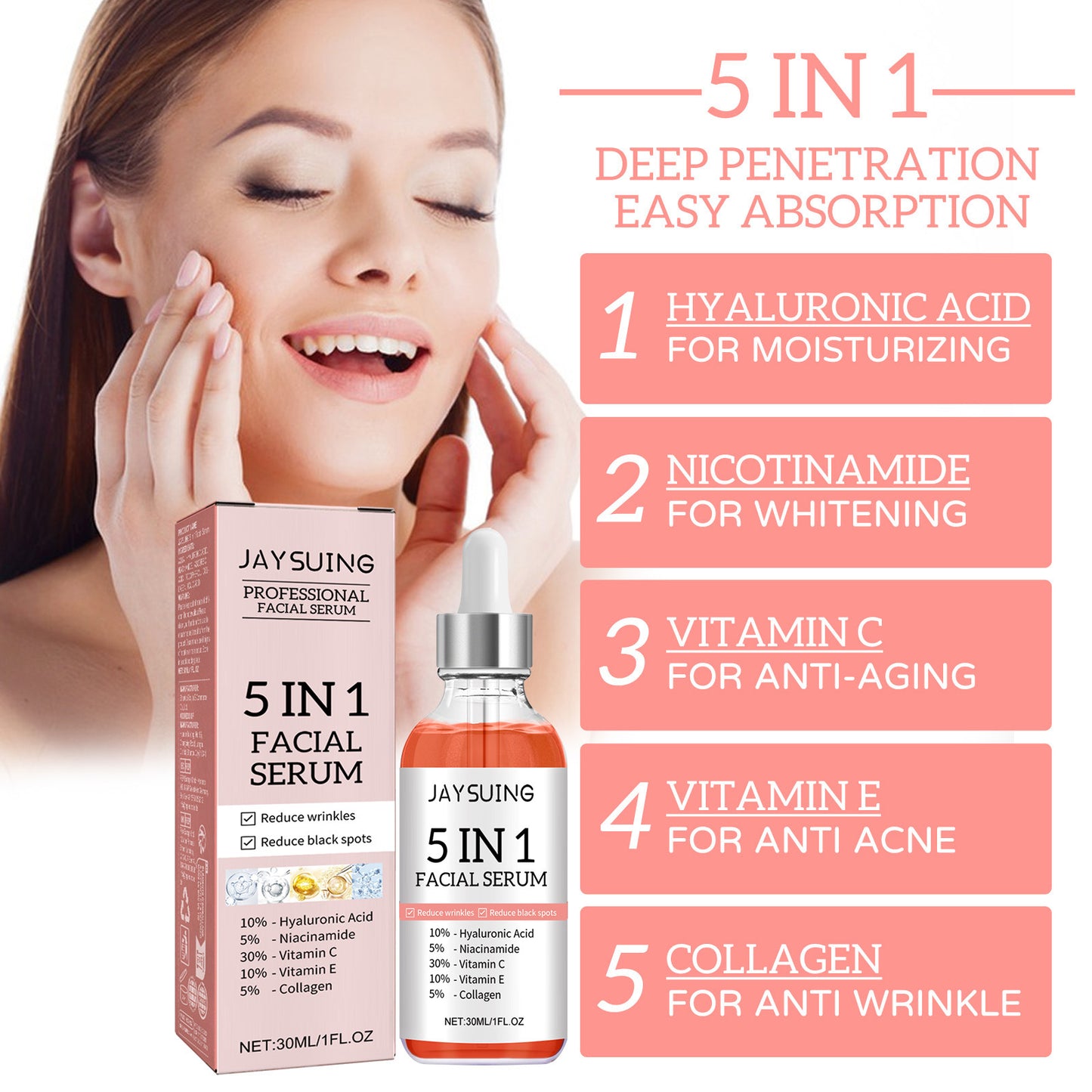 5-in-1 Vitamin C Facial Serum – Anti-Aging, Wrinkle Reduction with Hyaluronic Acid, Niacinamide & Vitamin E
